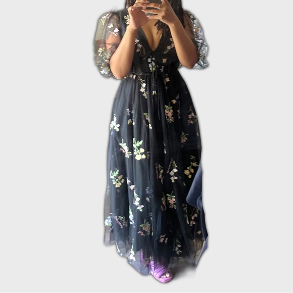 Corset back puff sleeve v-neck tulle tea dress with flower embroidery NTW - Picture 5 of 10